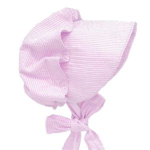 Seersucker pink and white girls bonnet